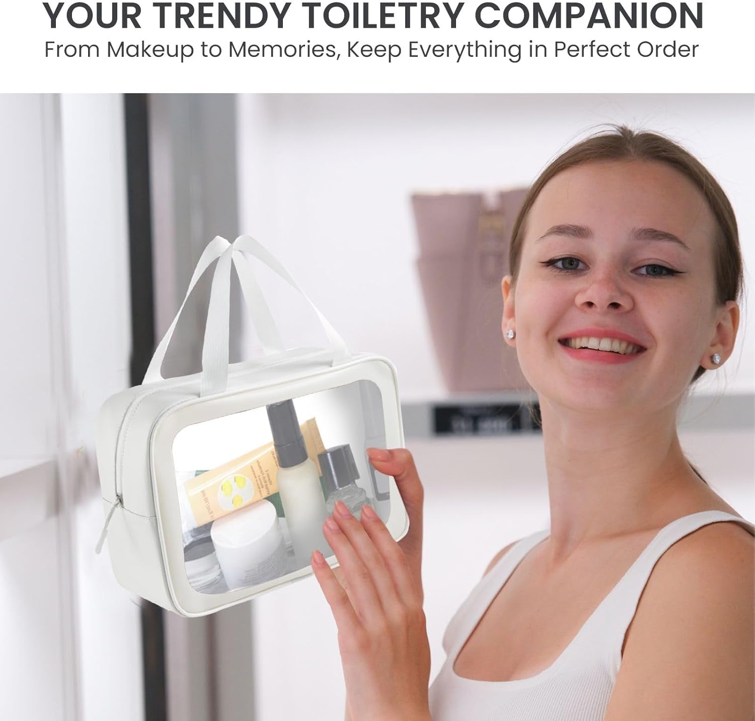 Travel Toiletry Bag for Women Men -Waterproof, Clear, Portable and Cute Makeup Cosmetic Bag Set (3-White)