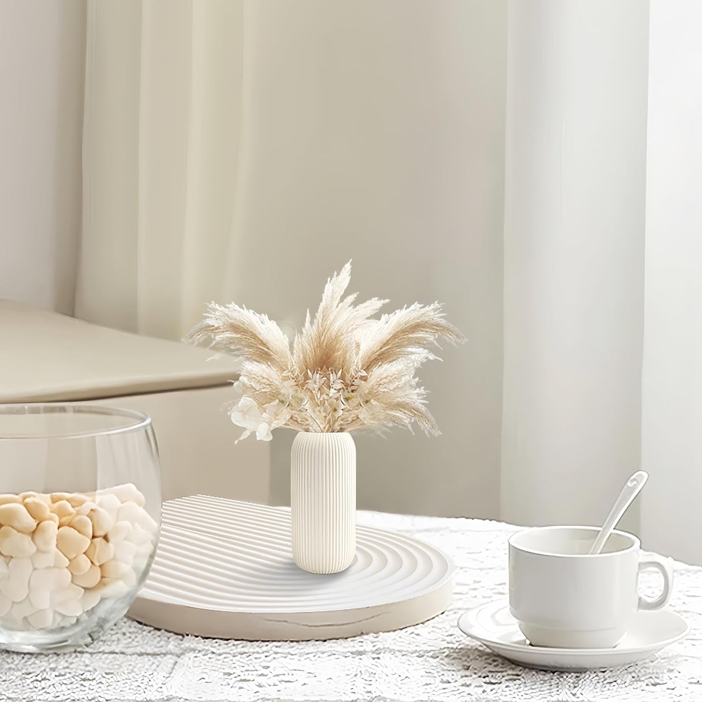 White Ceramic Vase for Flowers, 8 INCH Modern Small Ribbed Textured White Flower