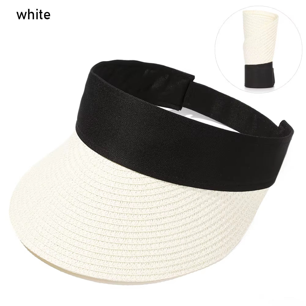 Summer Empty Top Suncap Portable Foldable Magic Tape Roll-Up Beach Hat Wide Brim Women Sun Hat Fashion Casual Straw Cap Visors