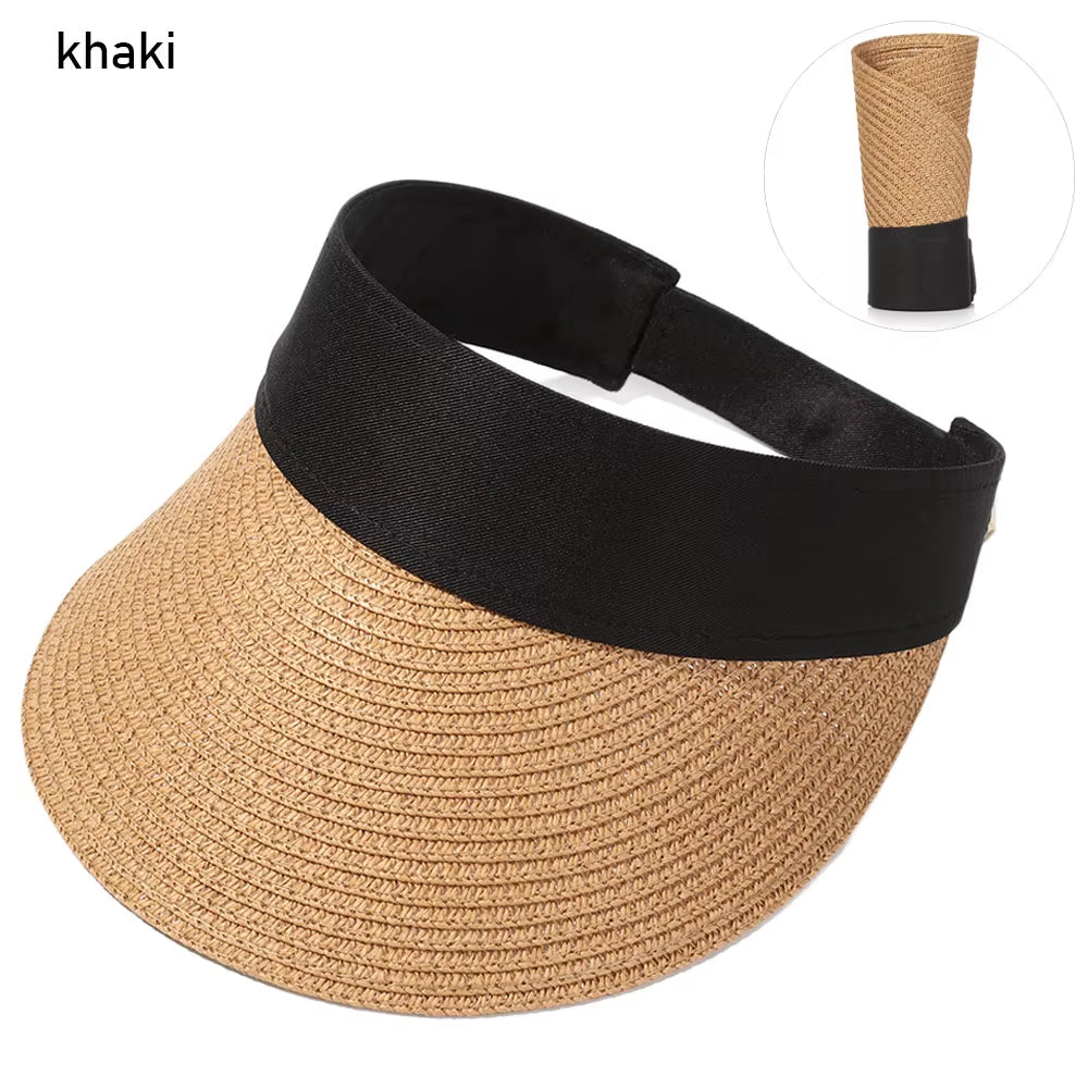 Summer Empty Top Suncap Portable Foldable Magic Tape Roll-Up Beach Hat Wide Brim Women Sun Hat Fashion Casual Straw Cap Visors