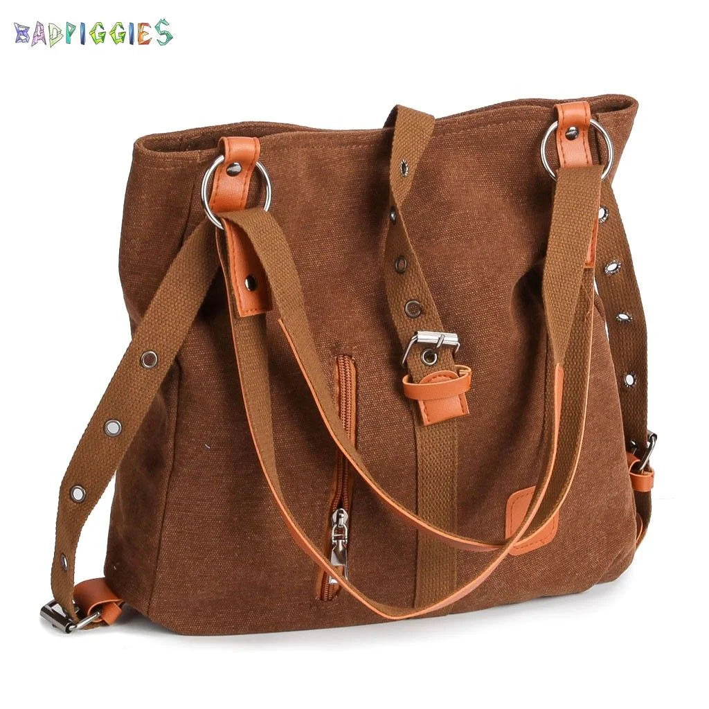 Canvas Handbag Tote Shoulder Bag for Women Casual School Purse Hobo Bag Rucksack Convertible Backpack (Coffee)