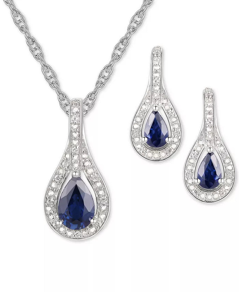 2-Pc. Set Ruby (1 Ct. T.W.) & Diamond (1/20 Ct. T.W.) Pendant Necklace & Matching Drop Earrings in Sterling Silver (Also Available in Sapphire or Emerald)