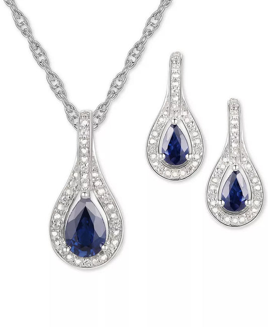 2-Pc. Set Ruby (1 Ct. T.W.) & Diamond (1/20 Ct. T.W.) Pendant Necklace & Matching Drop Earrings in Sterling Silver (Also Available in Sapphire or Emerald)
