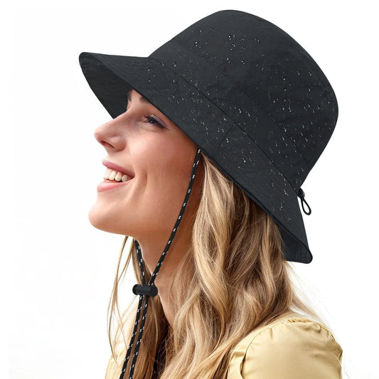 Womens Bucket Hats Packable Foldable Bucket Hats for Men Waterproof Lightweight Fishing Hiking Hat Wide Brim Sun Hats for Women UV Protection Black One Size