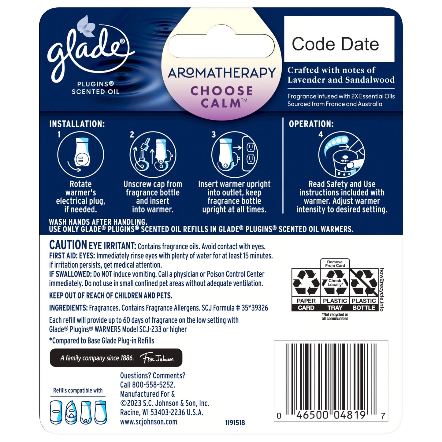 Aromatherapy Plugins Air Freshener Refills, Choose Calm Scent with Notes of Lavender & Sandalwood, Fragrance Infused with Essential Oils, 2 X 0.67 Oz (19.8 Ml)