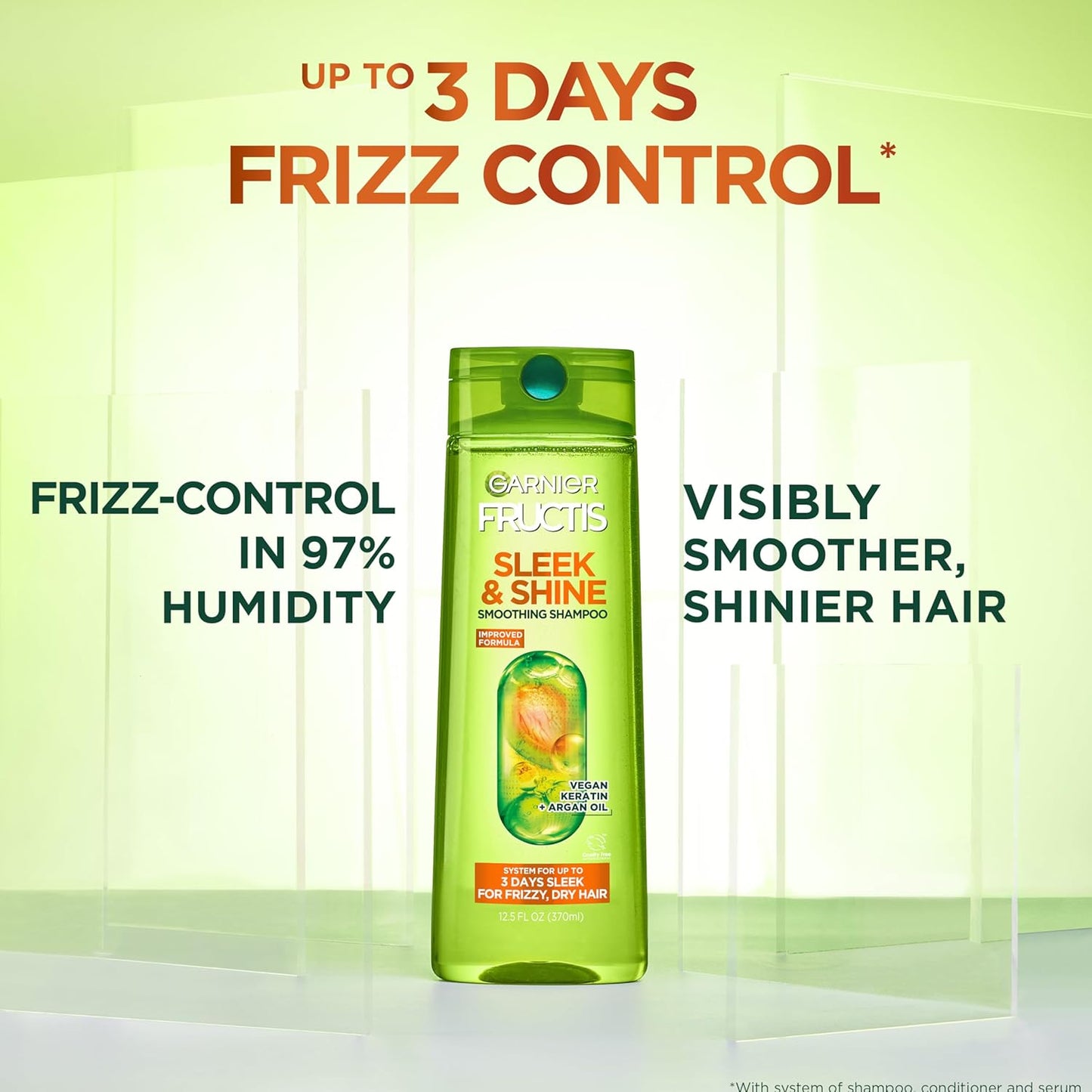 Fructis Sleek & Shine Full + Travel Size Shampoo (12.5 & 3 Fl Oz) + Conditioner (12 & 3 Fl Oz) Set for Frizzy, Dry Hair, Plant Keratin + Argan Oil (4 Items), 1 Kit (Packaging May Vary)