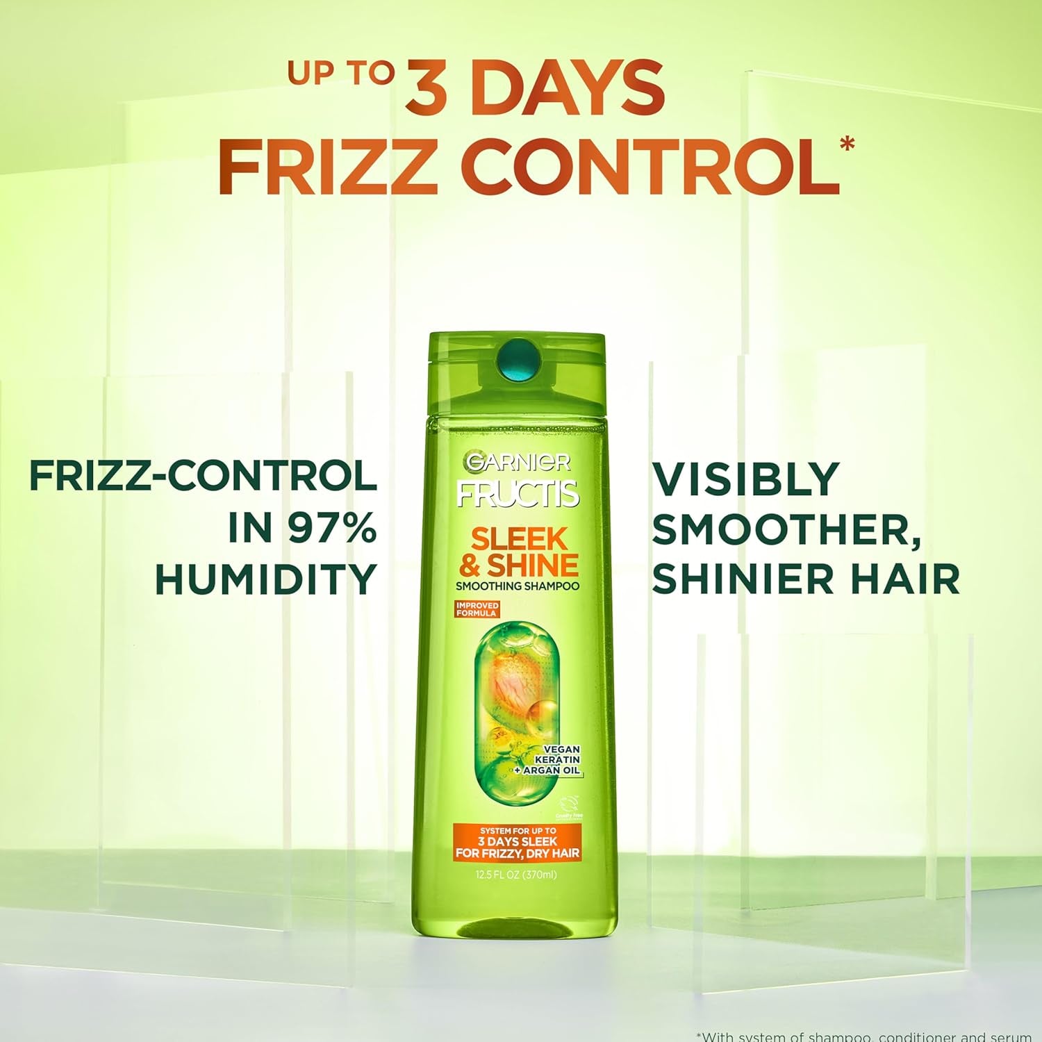 Fructis Sleek & Shine Full + Travel Size Shampoo (12.5 & 3 Fl Oz) + Conditioner (12 & 3 Fl Oz) Set for Frizzy, Dry Hair, Plant Keratin + Argan Oil (4 Items), 1 Kit (Packaging May Vary)