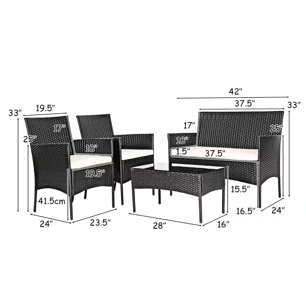 4-Piece Wicker Patio Conversation Set with White Cushions, Outdoor Rattan Furniture Set, Loveseat, Sofa Garden