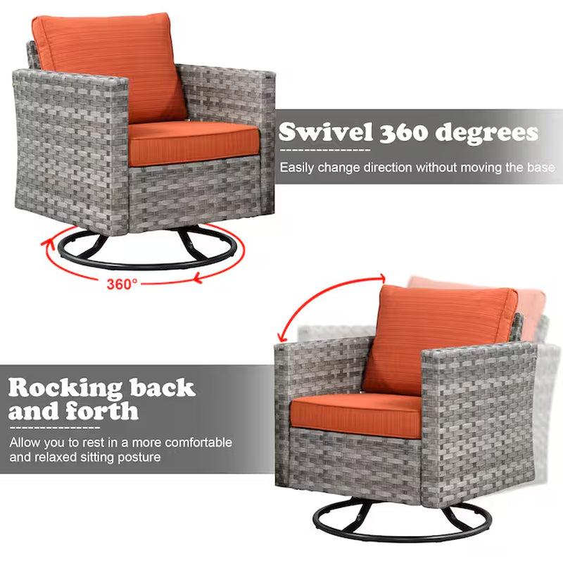 Shine Set of 2 Rattan Gray Swivel Rocker Rocking Chair with Orange Cushioned Seat