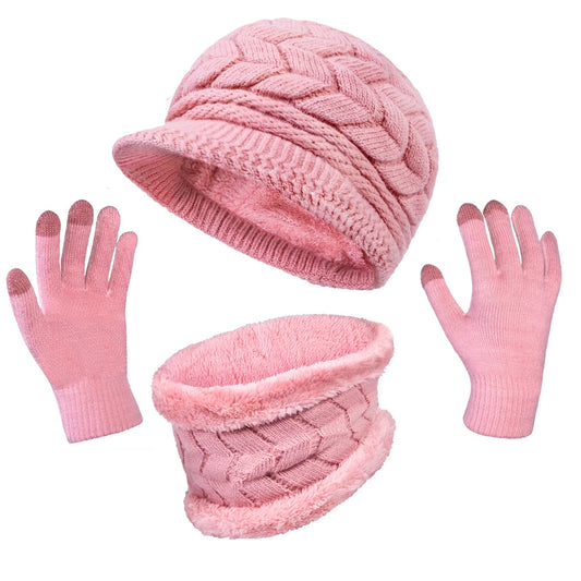 3 Pieces Women Winter Hat Gloves Scarf Set, Knit Beanie Neck Warmer Touch Screen Mittens Pink