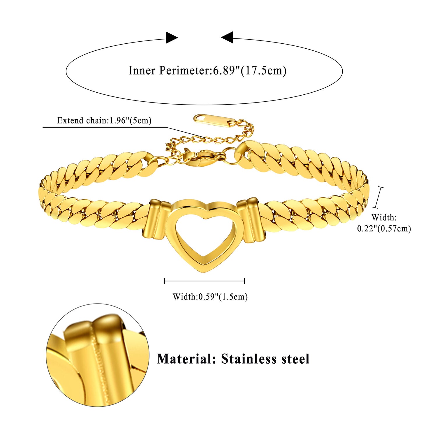 Women'S Chunky Cuban Link Bracelet Stainless Steel Flat Heart Chain Adjustable