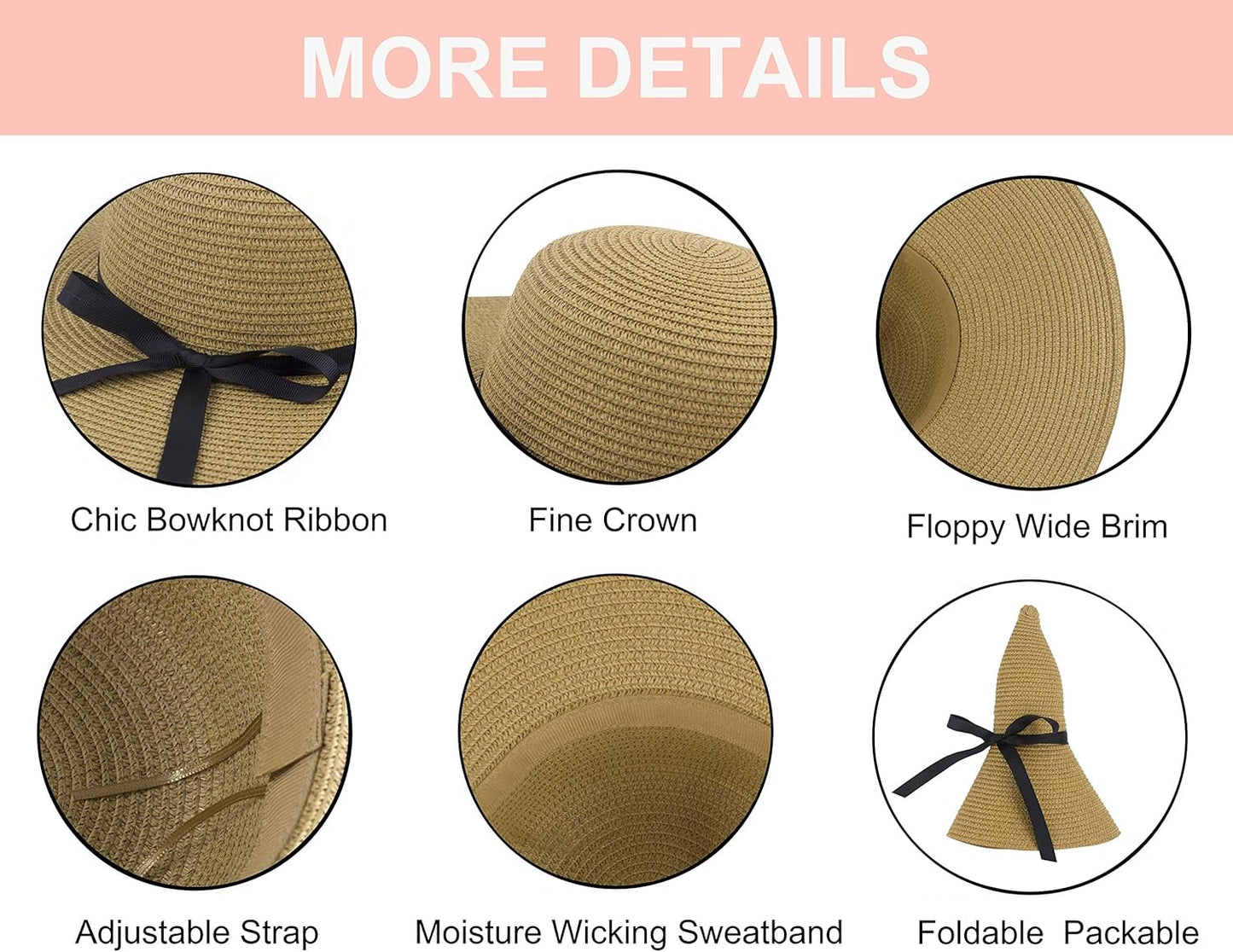 Womens Wide Brim Straw Sun Hat Floppy Foldable Roll up Cap UPF 50+ Summer Beach Hats