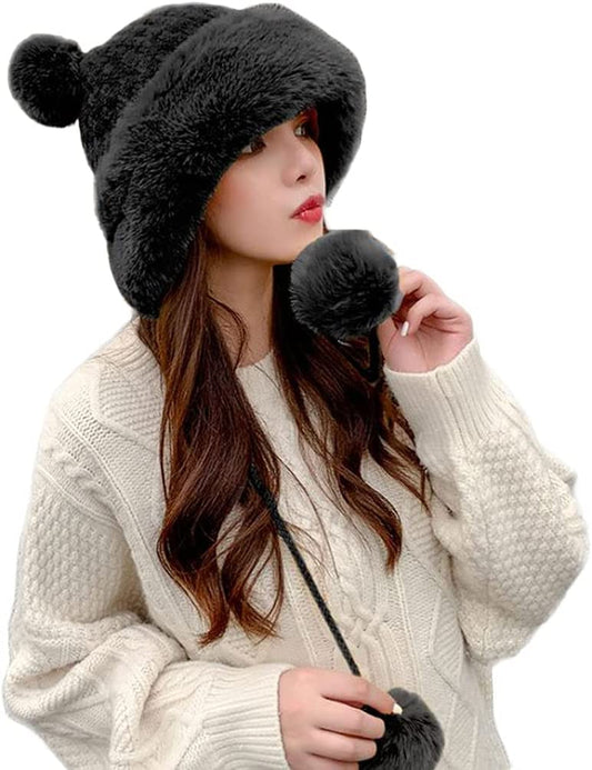 Winter Pompom Beanie Hats for Women Fluffy Knit Womens Beanie Faux Fur Crochet Skull Cap Warm Bucket Outdoor Ear Cover