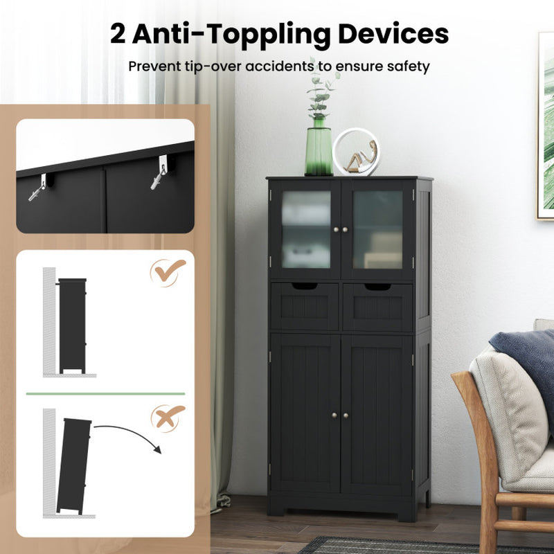4 Door Freestanding Bathroom Floor Storage Cabinet with 2 Drawers and Glass Doors
