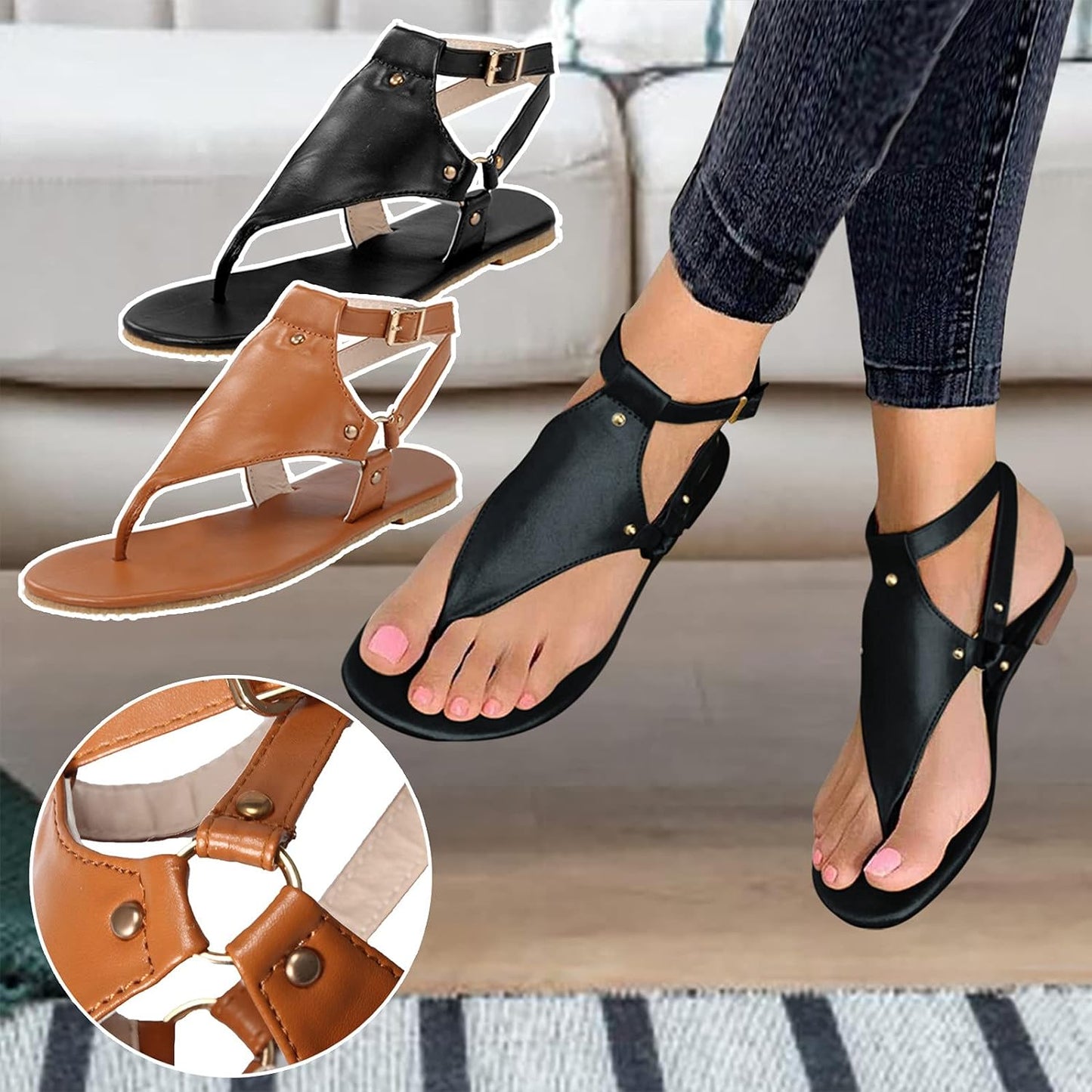 Beach Sandals Casual Summer,Fashion Slip-On Ankel Strap Crystal Sandals Roman Shoes Casual Summer Beach Sandals, Brown, 8