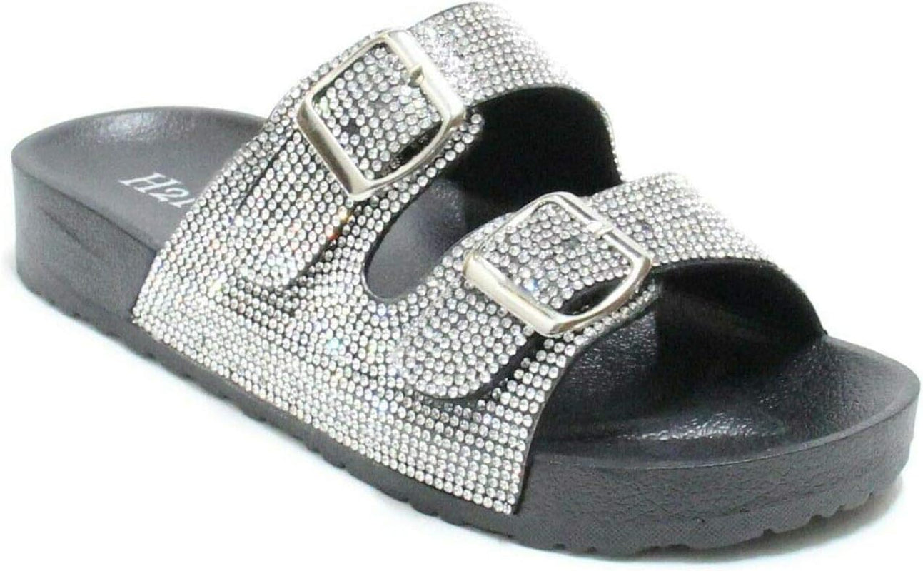 Womens Glitter Double Buckle Adjustable Comfort Slip on Slides Sandals Espen