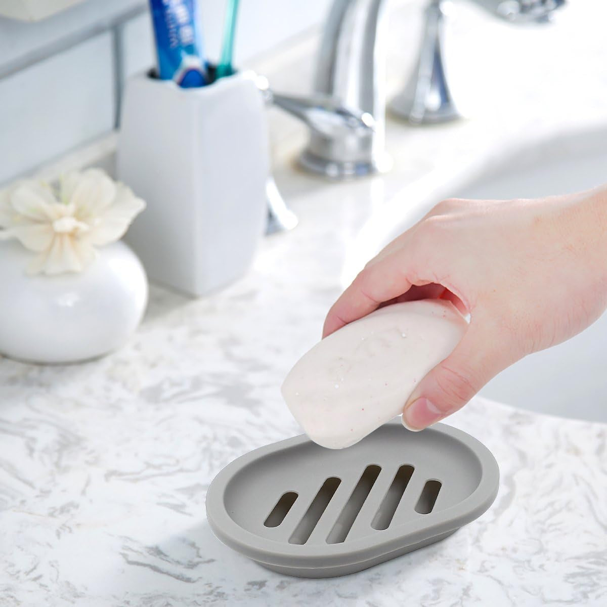 2-Pack Soap Dish with Drain, Soap Holder & Saver, Easy Cleaning, Dry, Stop Mushy Soap (Gray)