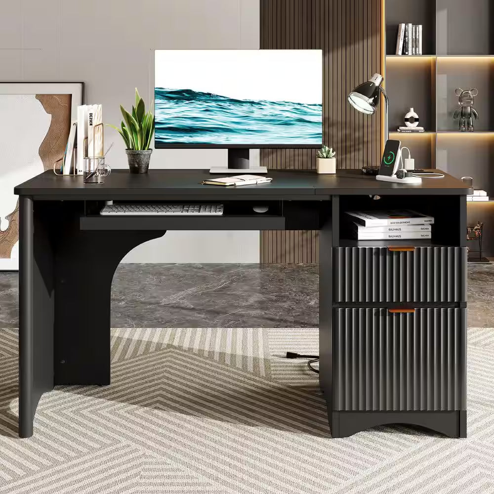 55 In. Black Office Desk with Power Outlets, 2-Storage Drawers and Keyboard Tray