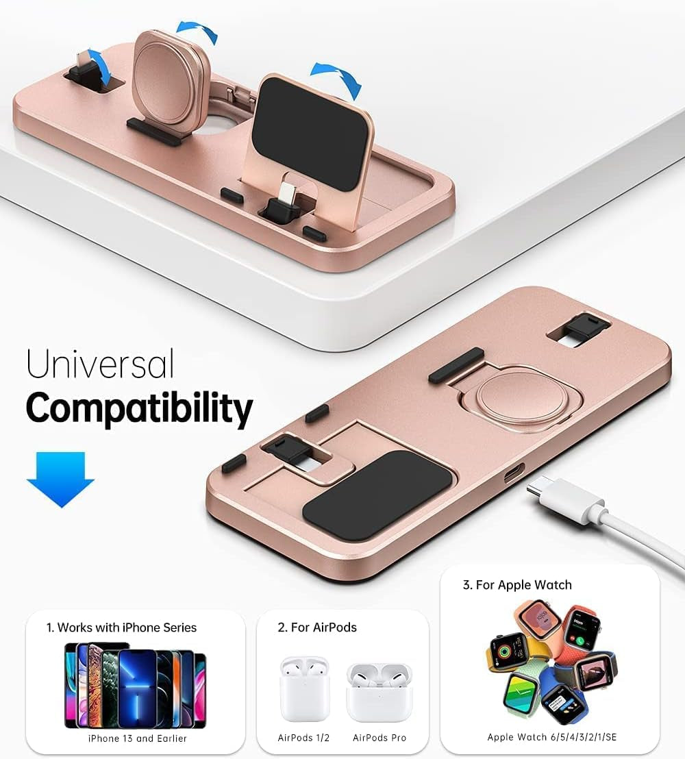 Portable 3 in 1 Charging Station for Apple Devices Foldable Charger Station for Apple Watch 7/6/SE/5/4/3/2/1 Charger Stand, Charging Dock Station for Iphone Airpods Pro 3/2/1 Rose Gold