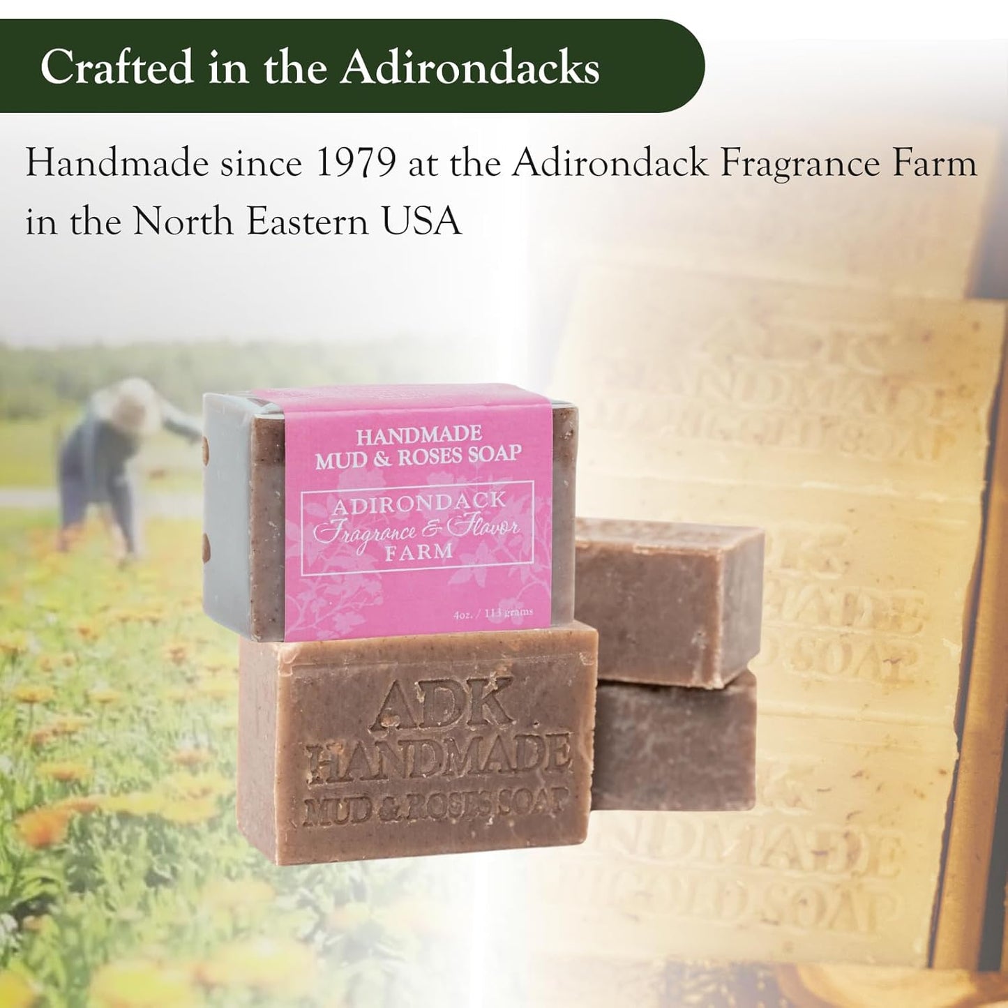 ADK Natural Mud & Rose Soap Bar 4 Oz., Handmade Vegan Olive Oil Body Soap for Dry and Sensitive Skin, Moisturising for Men, Women & Babies, Produced in the USA
