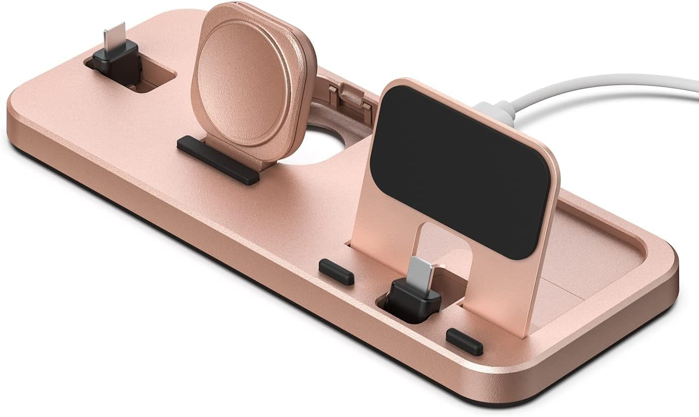 Portable 3 in 1 Charging Station for Apple Devices Foldable Charger Station for Apple Watch 7/6/SE/5/4/3/2/1 Charger Stand, Charging Dock Station for Iphone Airpods Pro 3/2/1 Rose Gold