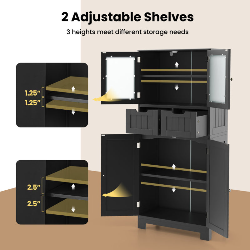 4 Door Freestanding Bathroom Floor Storage Cabinet with 2 Drawers and Glass Doors