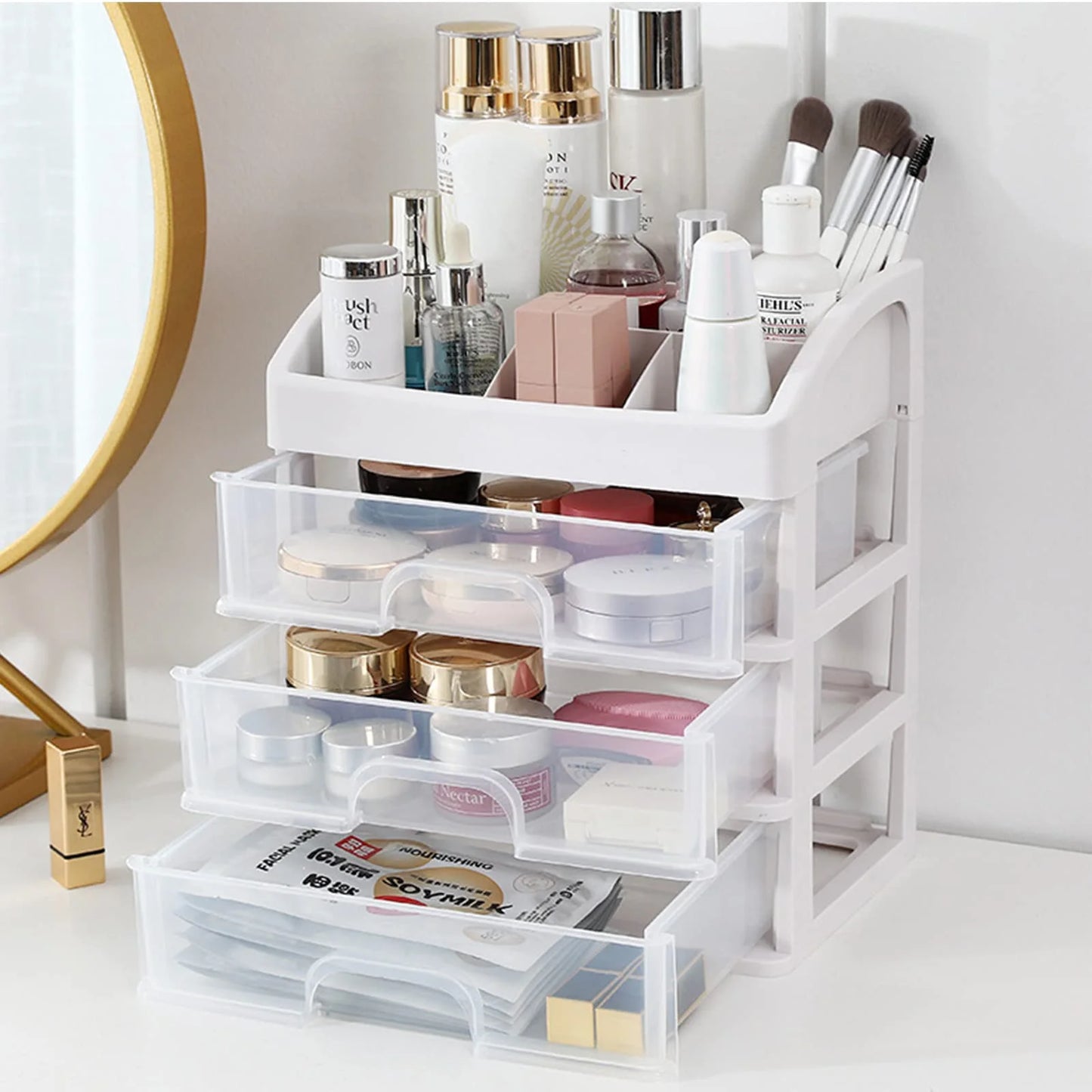 Cosmetic Organizer with 3 Drawers Skincare Organizer Suitable for Dressing Tablebathroom Counter and Dressing Table(White)