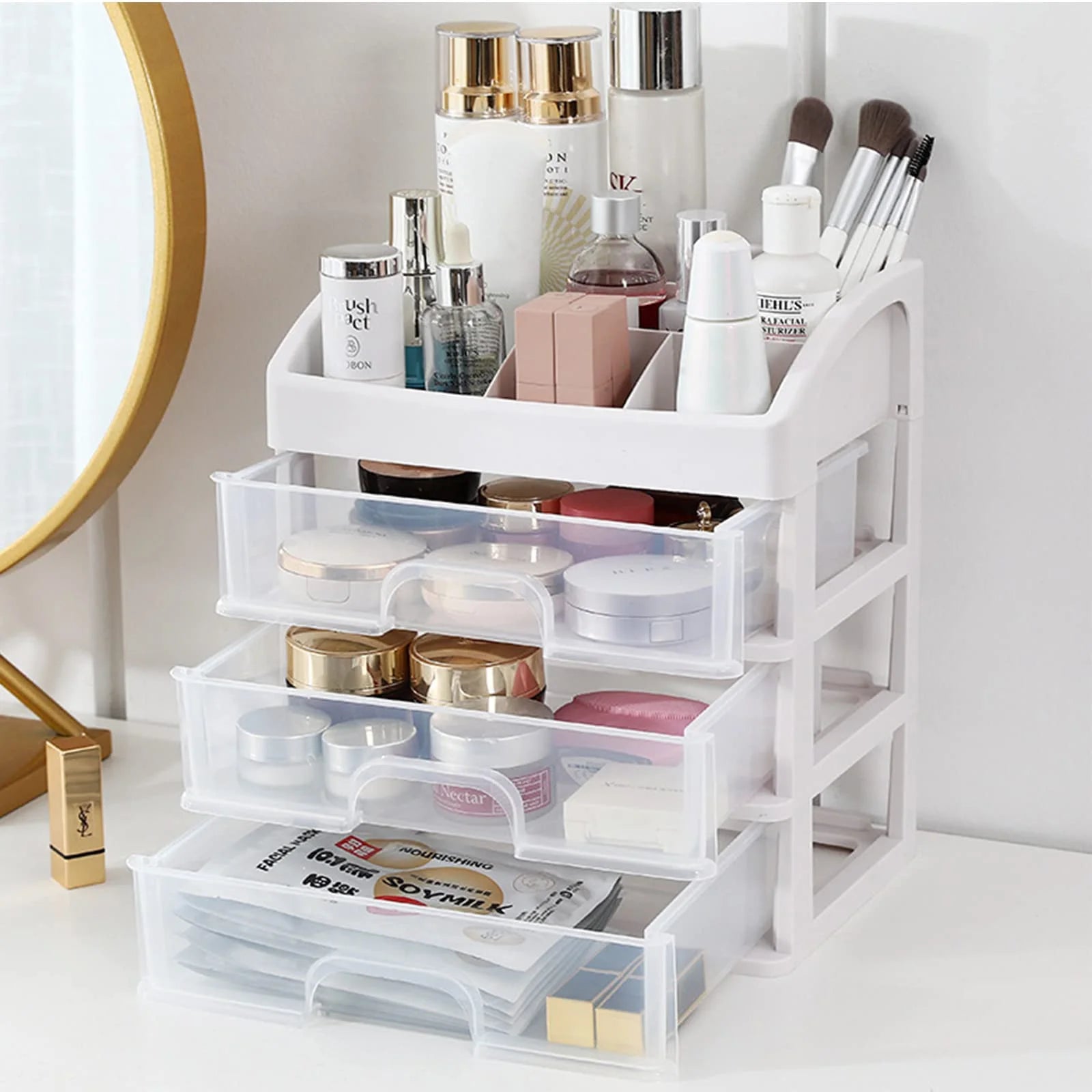 Cosmetic Organizer with 3 Drawers Skincare Organizer Suitable for Dressing Tablebathroom Counter and Dressing Table(White)