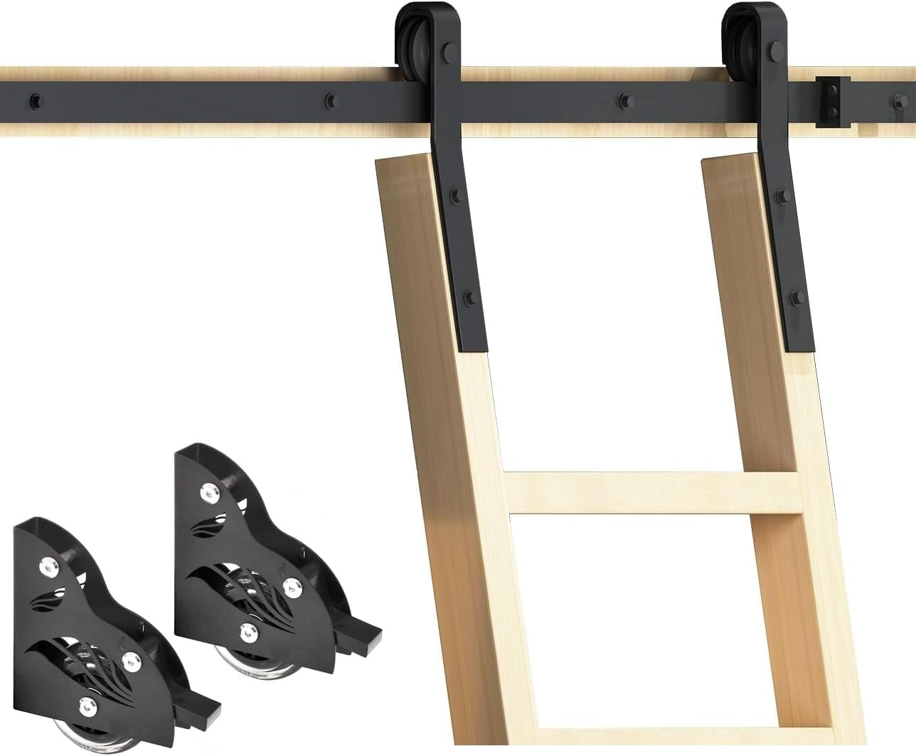 16FT Rustic Black Sliding Library Ladder Hardware,Bottom Wheel with Brake (No Ladder)