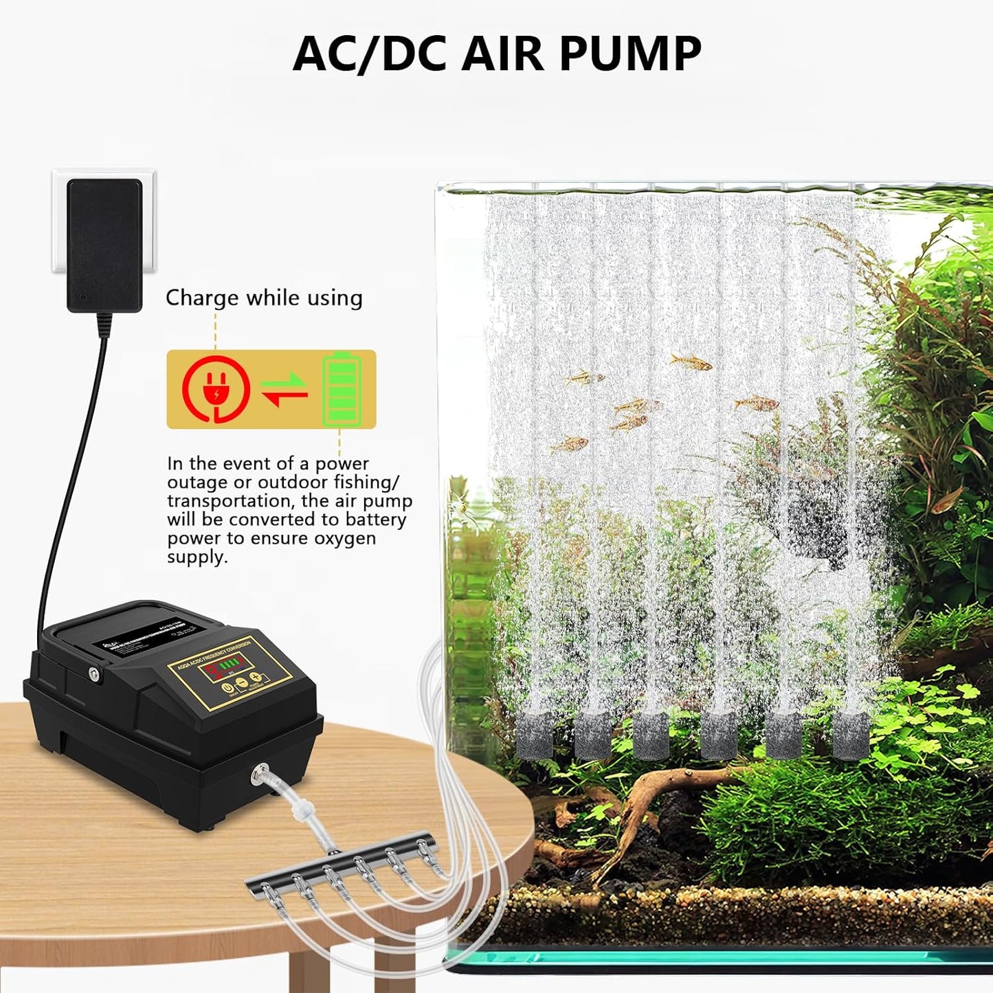 Powerful Aquarium Air Pump Hydroponic Pond Air Pump High Output Fish Tank Air Oxygen Pump Adjustable Airflow with 6 Outlets Rechargeable Aerator Pump Battery Commercial Air Pump (10W, 260GPH)