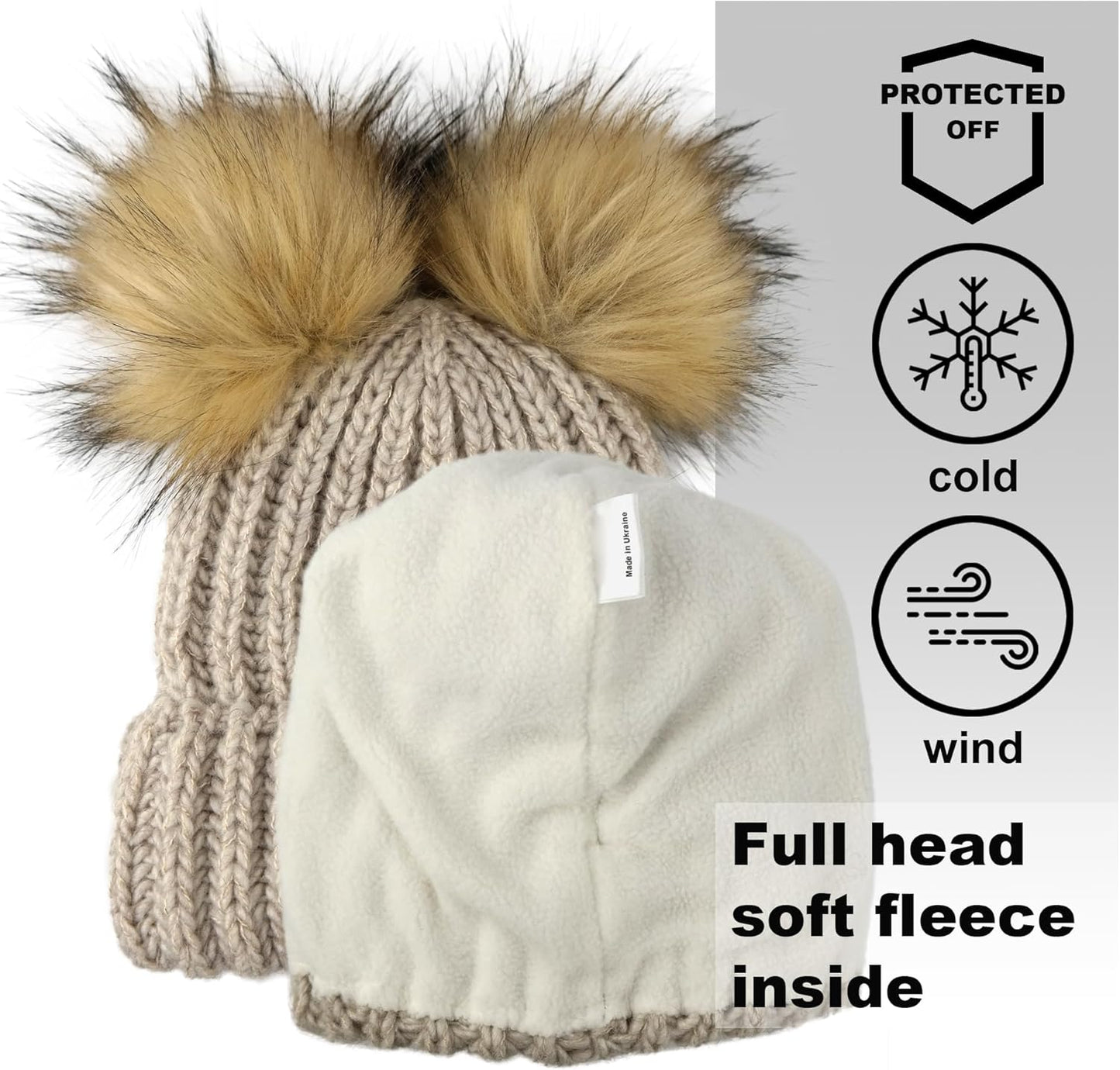 Beanie for Women - 2 Pom Cable Knit Winter Warm Fleece Hat - Wool Snow Cuff Ski Cap