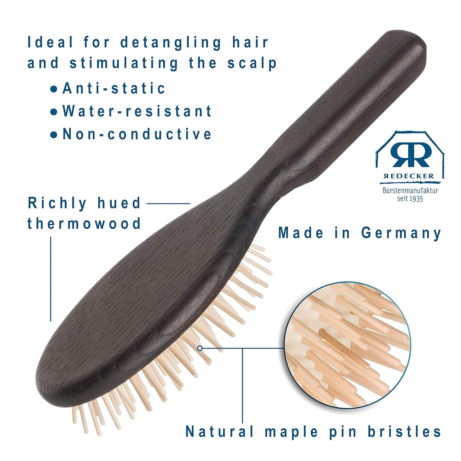 Maple Pin Oval Wooden Hairbrush with Oiled Thermowood Handle, 8-1/2-Inches