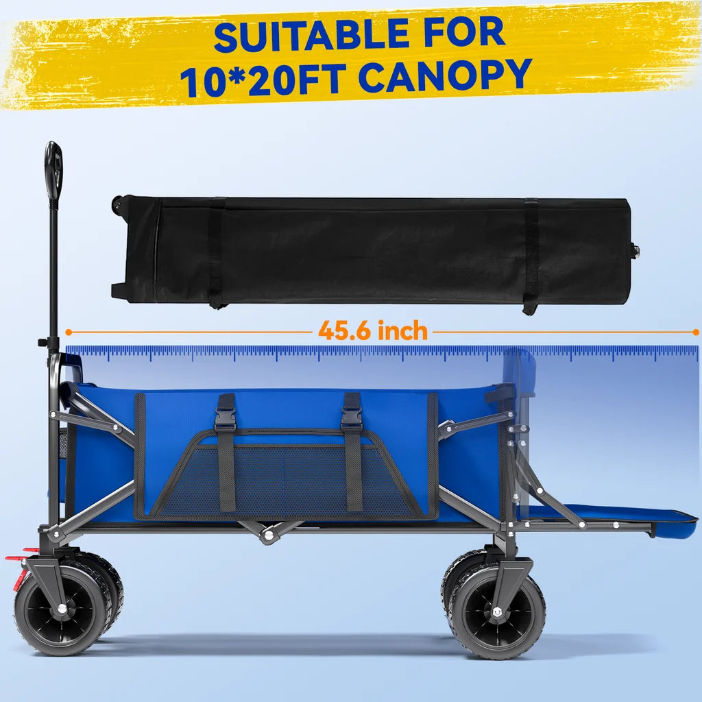 Collapsible Camping Garden Wagon, All-Terrain Tank Wheels for Camping with Extended Tailgate, Sports, Shopping, Beach, Support up to 330Lbs, Blue
