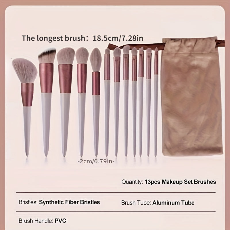 Luxurious 13pcs Makeup Brush Set With Soft Synthetic Bristles - Includes Travel Pouch, Fragrance-Free For All Skin Types
