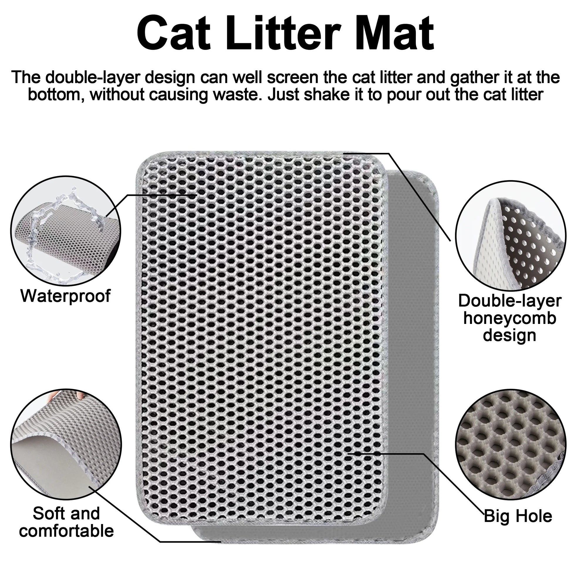 21"X29" Cat Litter Mat, Double Layer Urine-Proof & Waterproof, Honeycomb Scatter Control Trapping, Easier to Clean & Washable, Non-Slip (Dark Gray)