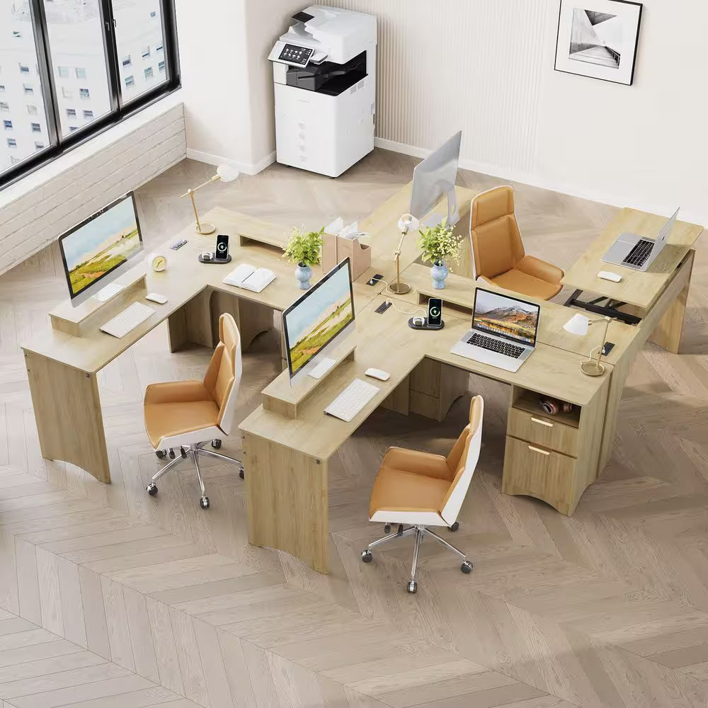 55 In. Natural 2-Storage Drawers L-Shaped Computer Desk with Power Outlets, Lift-Top and Monitor Stand