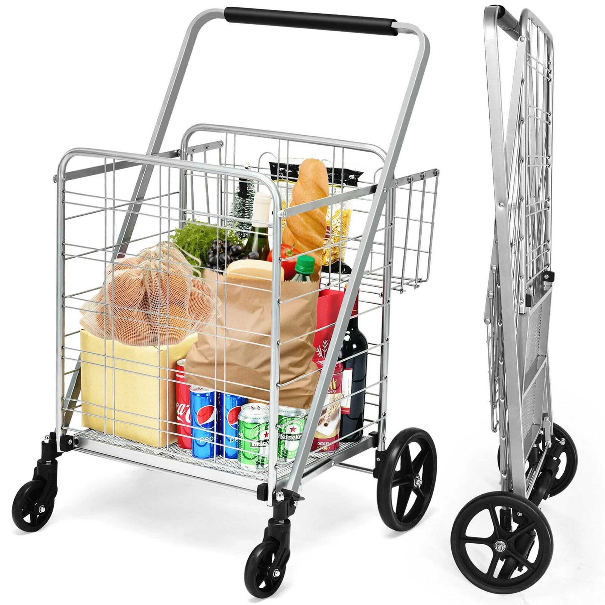 330Lbs Heavy Duty Folding Shopping Cart Utility Jumbo Double Basket Silver