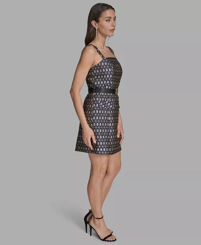 Women'S Belted Metallic Jacquard A-Line Dress
