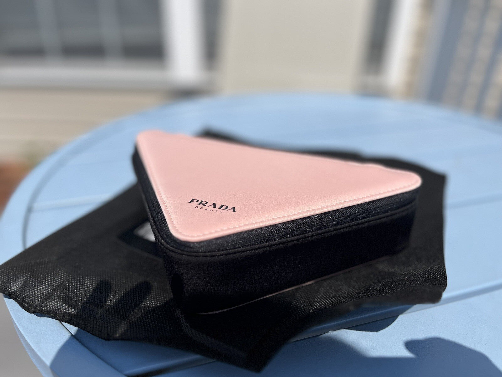 Prada Triangle Clutch Bag Cosmetic Pouch Pink & Black New with Dust Bag