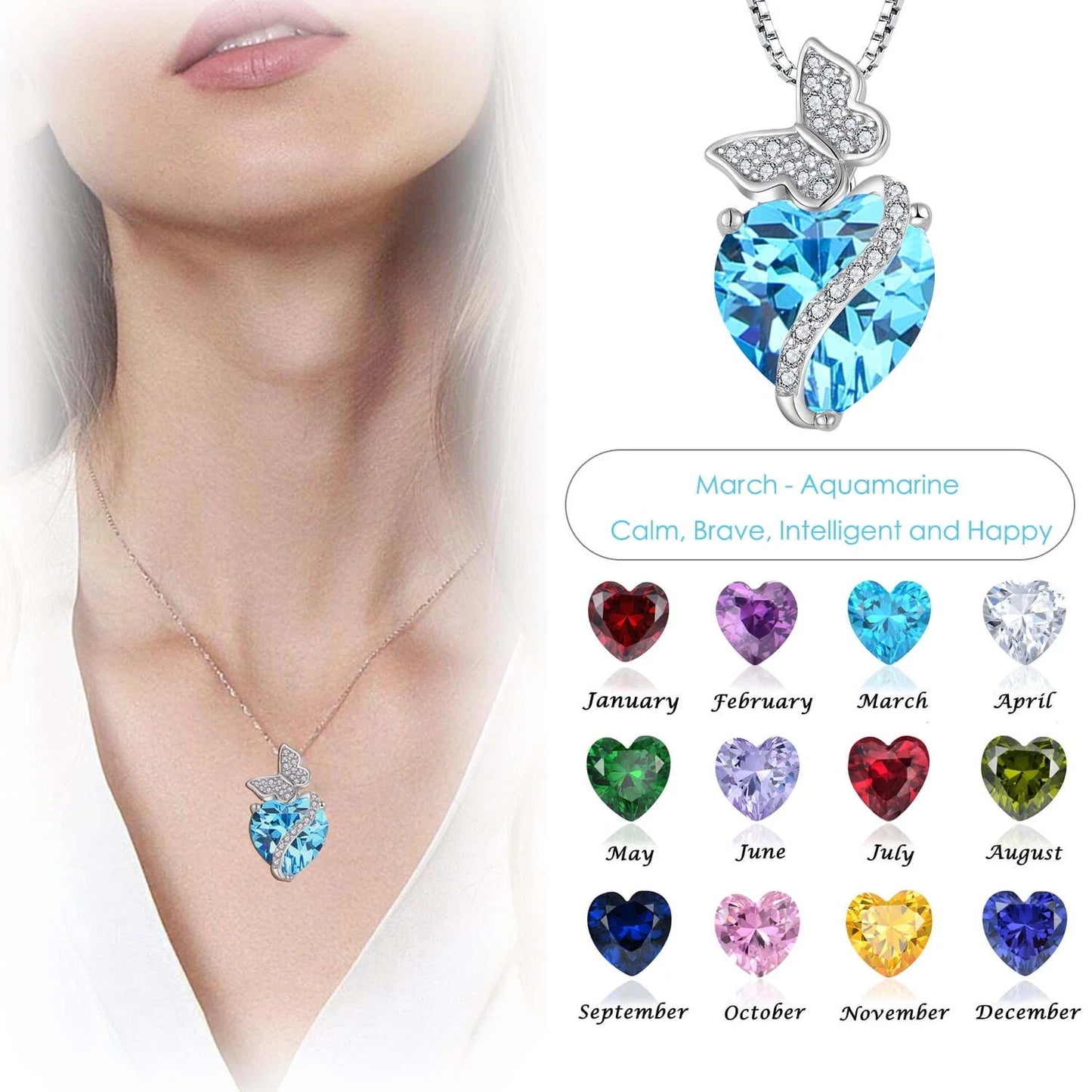 Sterling Silver March Birthstone Heart Necklace Butterfly Pendant Jewelry Gift for Women