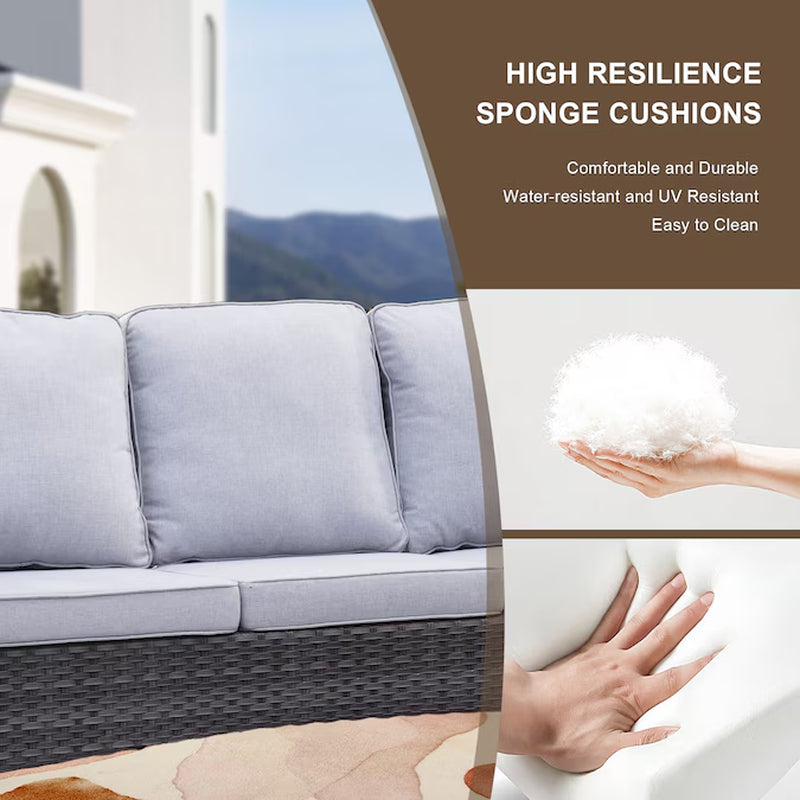 5 -Piece Wicker Patio Sofa Conversation Set with Gray Cushions