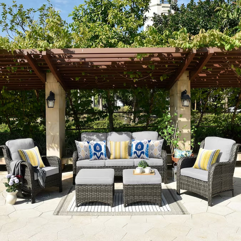 5 -Piece Wicker Patio Sofa Conversation Set with Gray Cushions