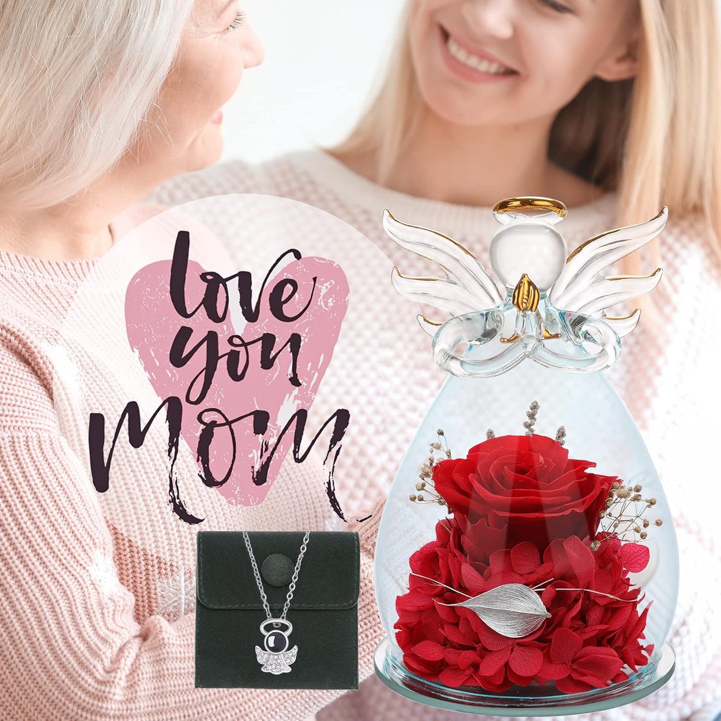 Preserved Rose Birthday Gifts for Women Mom Grandma Wife, Glass Angel Figurines Gifts with Pretty Red Flowers for Anniversary Wedding