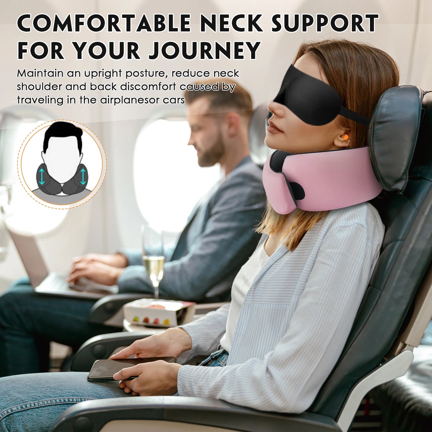 Travel Pillows for Airplanes, Travel Neck Pillow Travel Pillow, 360° Support Memory Foam Travel Pillow with 3D Contoured Eye Mask, Earplugs and Storage Bag for Airplanes Offices, Cars, Pink