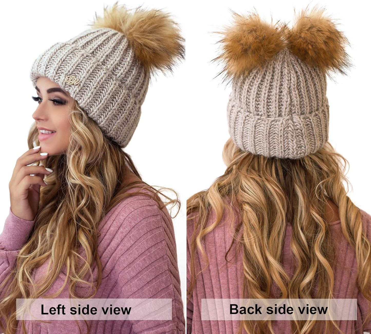 Beanie for Women - 2 Pom Cable Knit Winter Warm Fleece Hat - Wool Snow Cuff Ski Cap