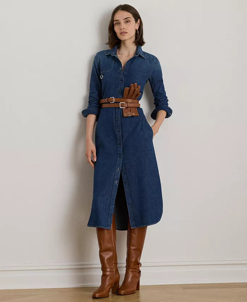 Women'S Denim-Lanaine Belted Shirtdress
