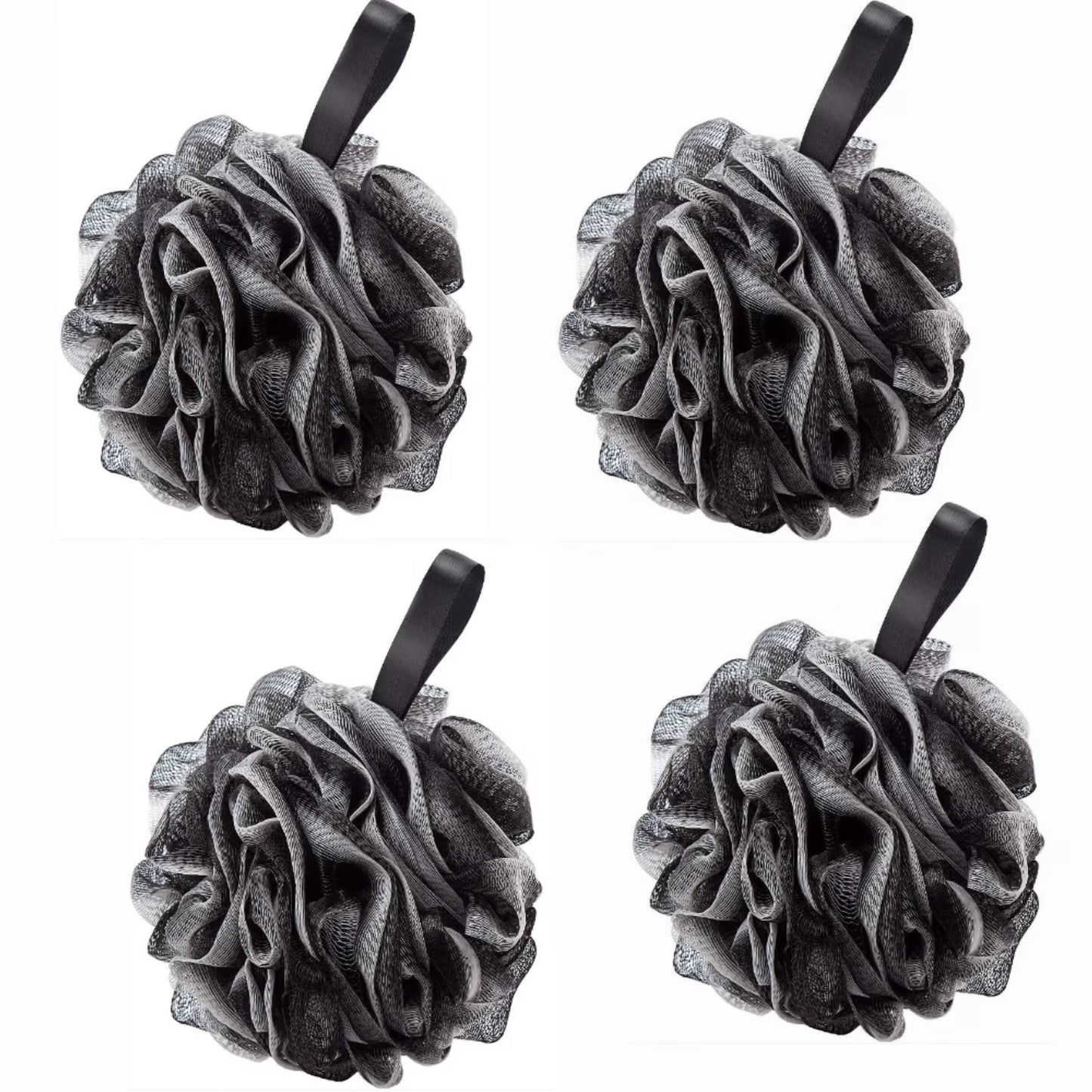 4 Pack Loofahs Bath Shower Scrub Exfoliating Body Brush Pouf Scrubber Sponge Ball Mesh Bath Loofah , Black