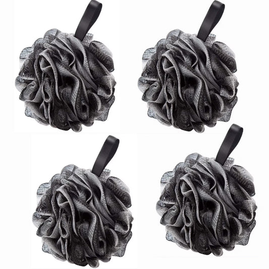 4 Pack Loofahs Bath Shower Scrub Exfoliating Body Brush Pouf Scrubber Sponge Ball Mesh Bath Loofah , Black
