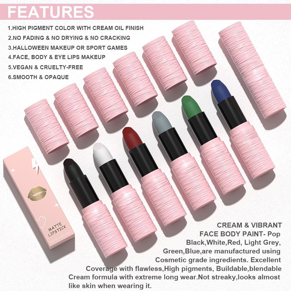 Matte Lipstick Festival White Lip Tint Gloss Face Painting Stick Silky High Pigment Smooth Velvet Waterproof White Black Green Blue Lip Gloss Halloween Daily Stain Lip Make up Cosmetics (LC02)