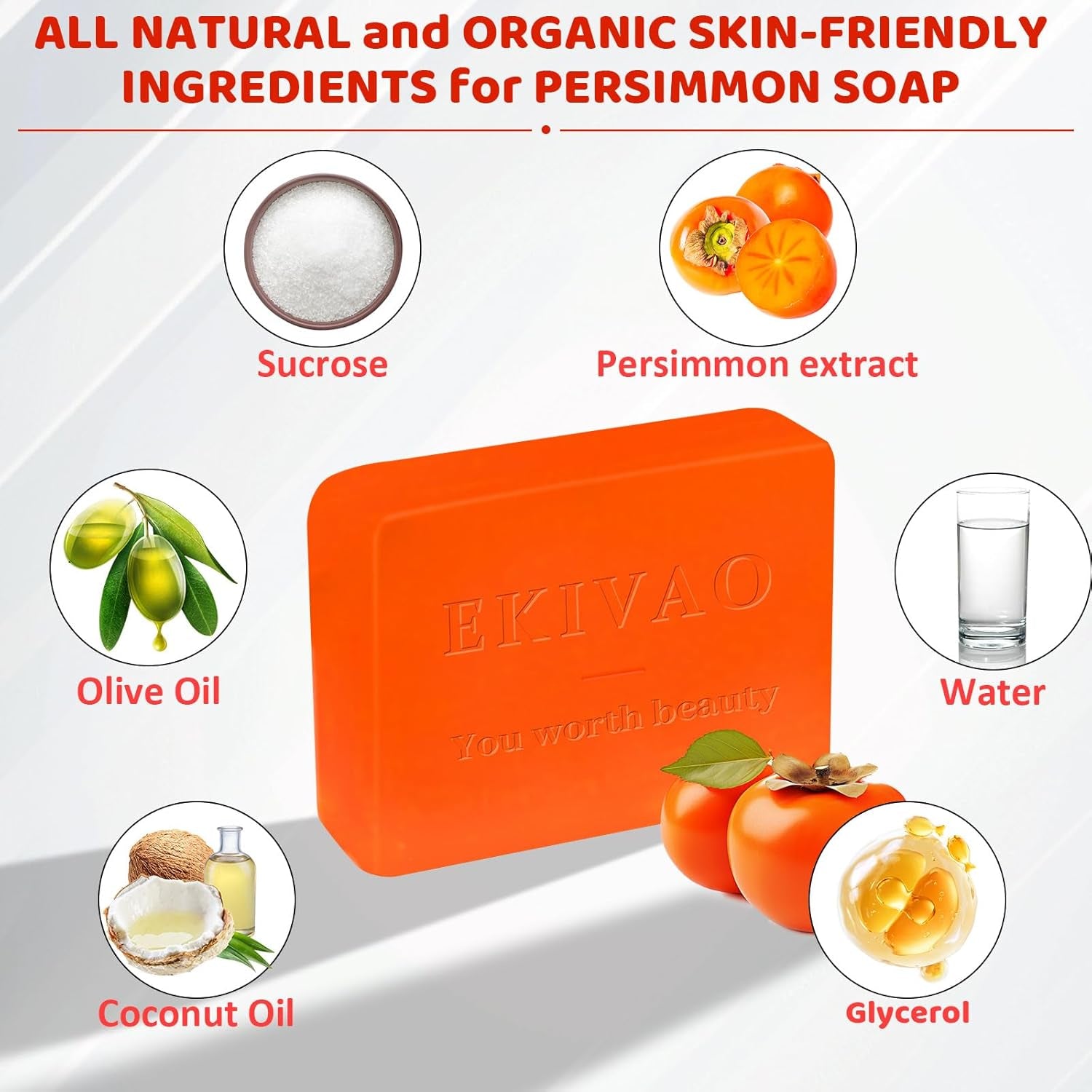 3Pack Natural Persimmon Soap Bar for Body Odor Control, Organic Deodorant Body P